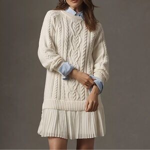 Anthropologie Delphine Sweater Cream Cable Knit 100% Cotton Mini Dress, Size XS